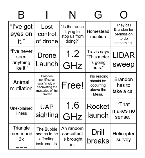Skinwalker Ranch Bingo Card