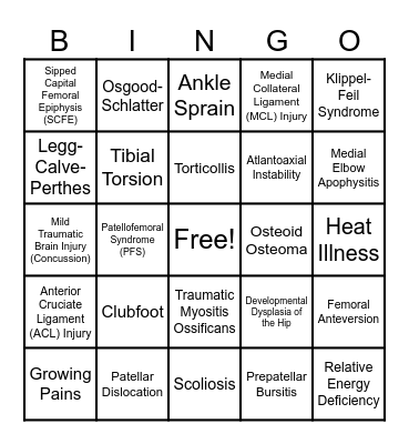 Ortho/Sports Med Bingo Card