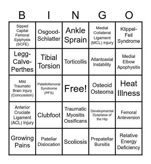 Ortho/Sports Med Bingo Card