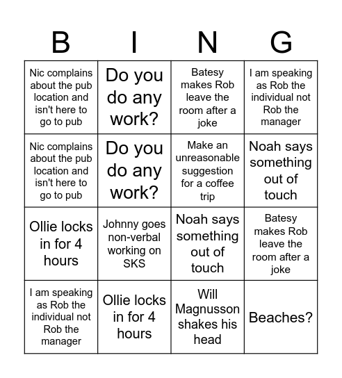 Bean Juice Boys Bingo Card