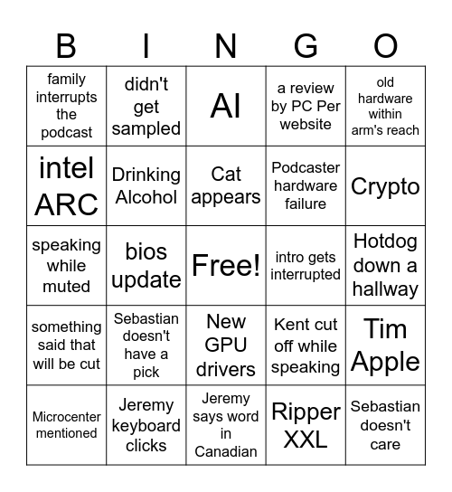 PC Per Live Stream Bingo Card