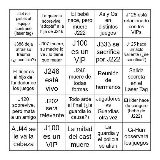 Squid Game T3 Bingo Card