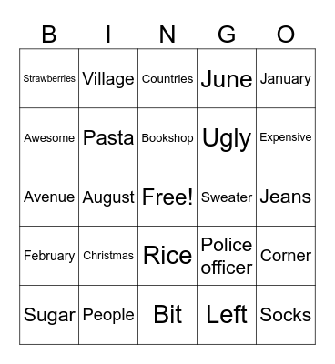 Vocabulary Bingo Card