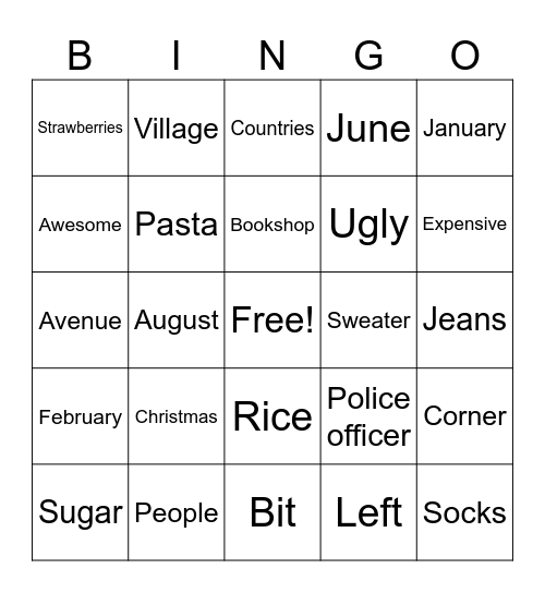 Vocabulary Bingo Card