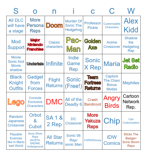 Sonic Racing Crossworlds Prediction Bingo Card