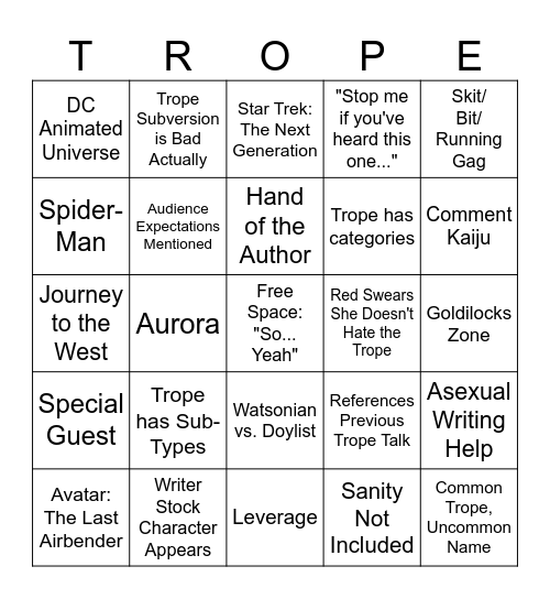 Trope Talk Bingo Card