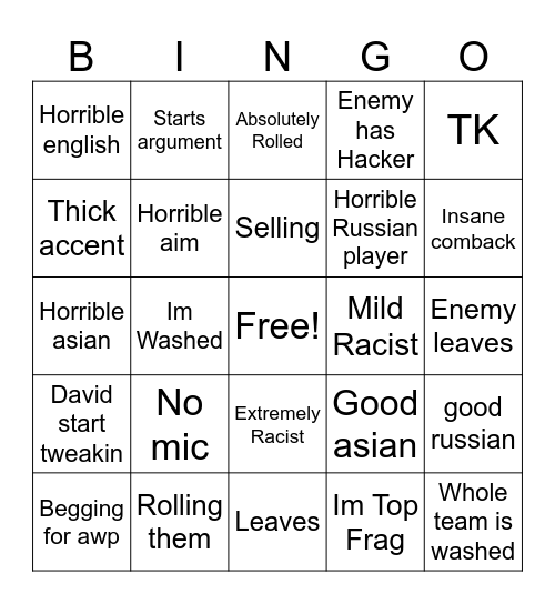 CSGO Matchup Bingo Card