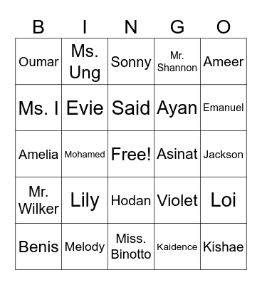 Our Class Family Bingo Card