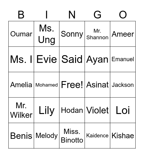 Our Class Family Bingo Card