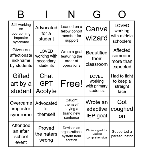Residency Bingo Card