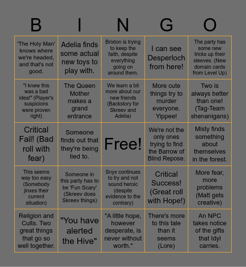 Age of Umbra- Session 5 Bingo Card