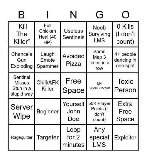 Forsaken Video Bingo Card