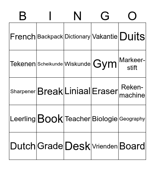English Bingo Card