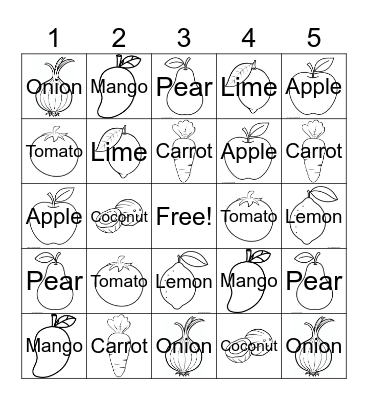 Fruit and Veggies Bingo Card