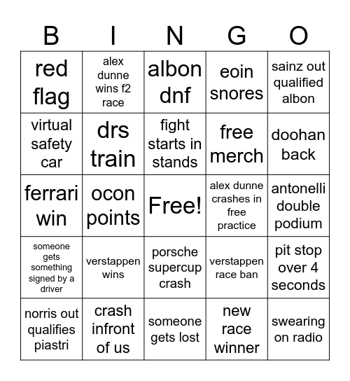 Austria GP 2025 Bingo Card