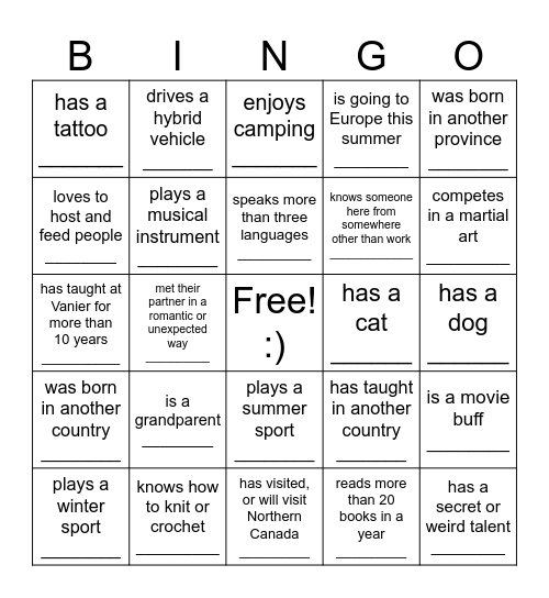 Vanier People Bingo! Find someone who.... Bingo Card