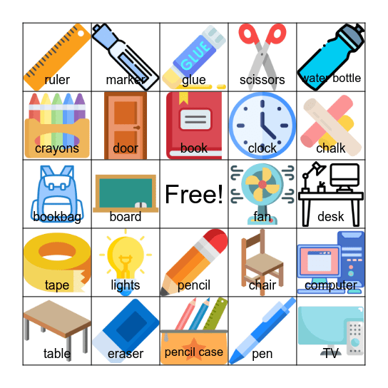 School Objects Bingo Card