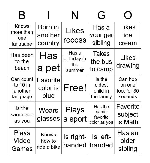 Classmate Bingo Card
