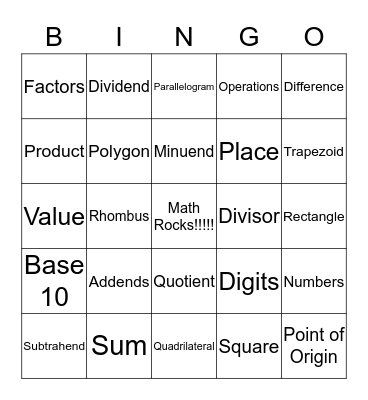 Math Vocabulary Bingo Card