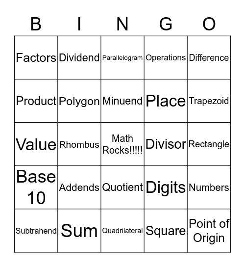 Math Vocabulary Bingo Card