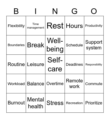 Work  Life Balance Bingo Card