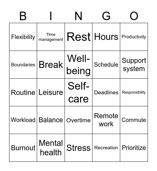 Work  Life Balance Bingo Card