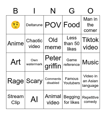 Youtube short Bingo Card