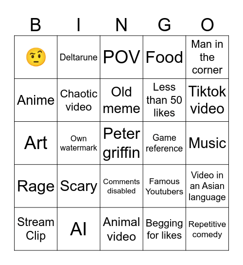 Youtube short Bingo Card