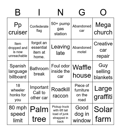 Texas Road Trip Bingo Card
