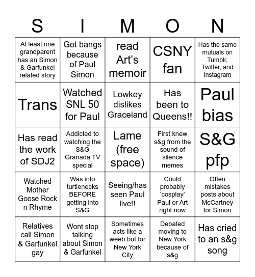 S&G fan bingo Card