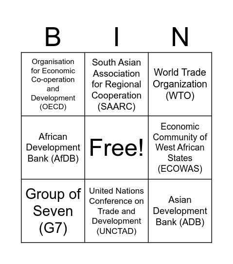 INTERNATIONAL INSTITUTIONS Bingo Card