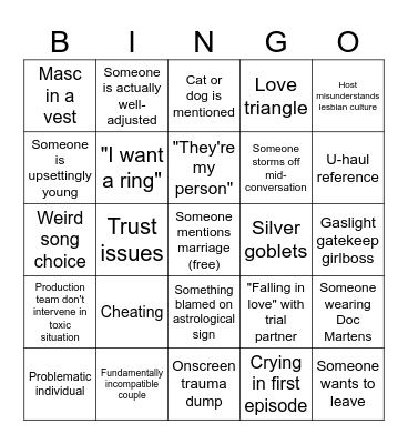 Ultimatum Queer Love S2 Bingo Card