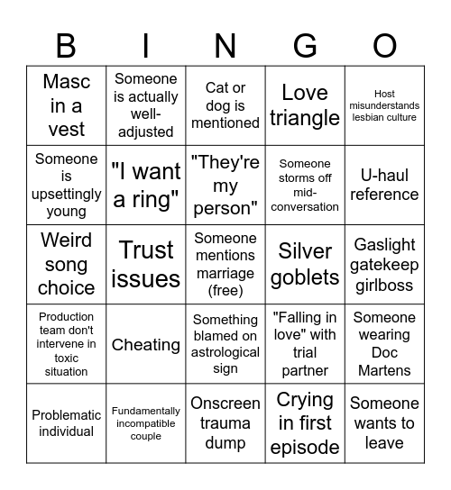 Ultimatum Queer Love S2 Bingo Card