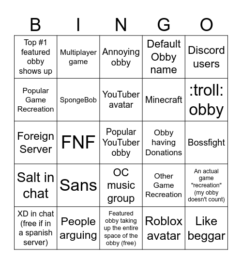 Obby Creator Bingo Card
