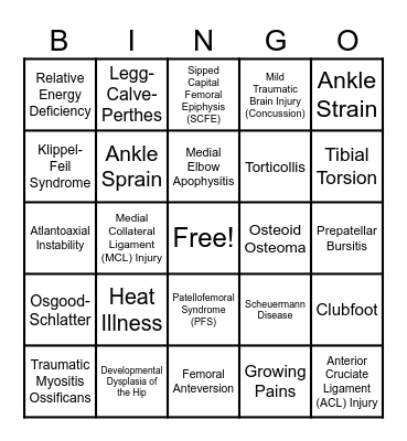 Ortho/Sports Med Bingo Card