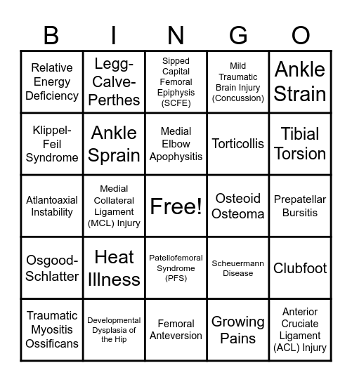 Ortho/Sports Med Bingo Card