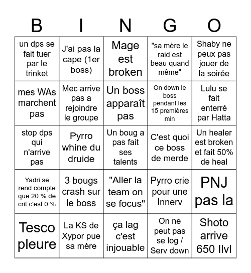 PTR Testing Bingo Card