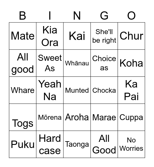 NZ Māori Words & Kiwi Slang Bingo Card