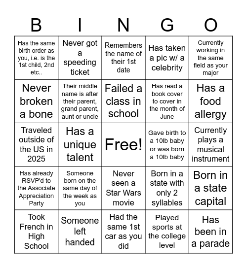 Find Me Bingo Card