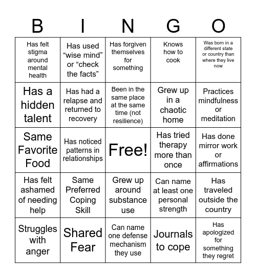 Commonality Bingo Card