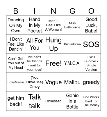 Gay Pop Bingo Card