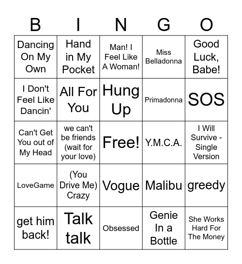 Gay Pop Bingo Card