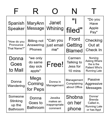 Front Desk Bingo Card
