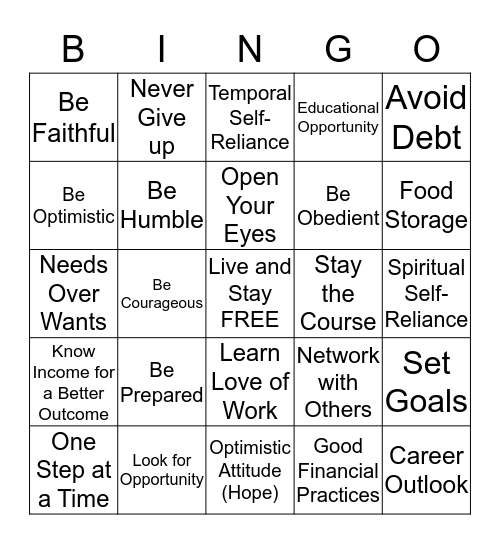 Becoming Self-Reliant Bingo Card