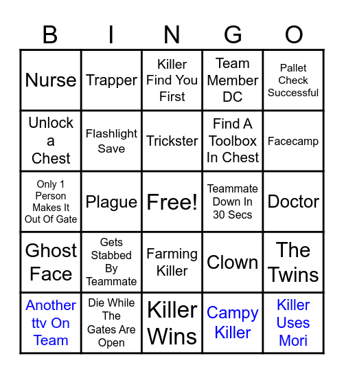 Dead By Daylight Bingo Card