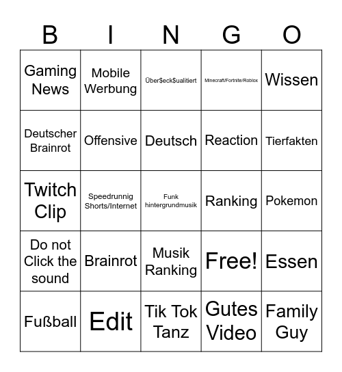 Youtube Shorts Bingo Card
