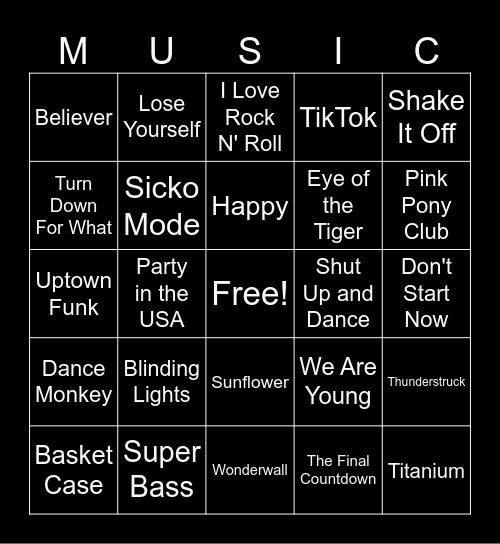 End of Year Music Bingo Card