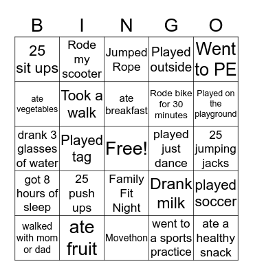Fitness Bingo Card