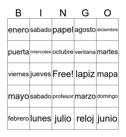 School and Calendar Bingo Card