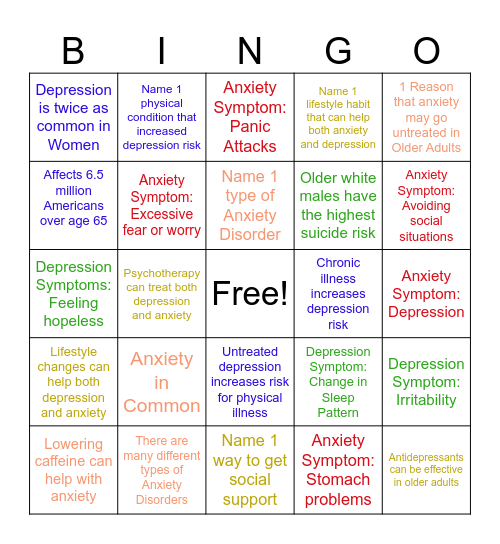 Anxiety and Depression Bingo Card